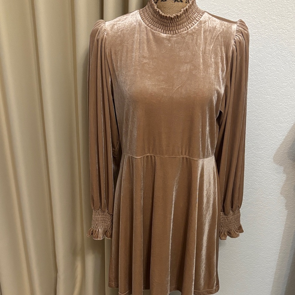 Easel Camel Long Sleeve Velvet Dress